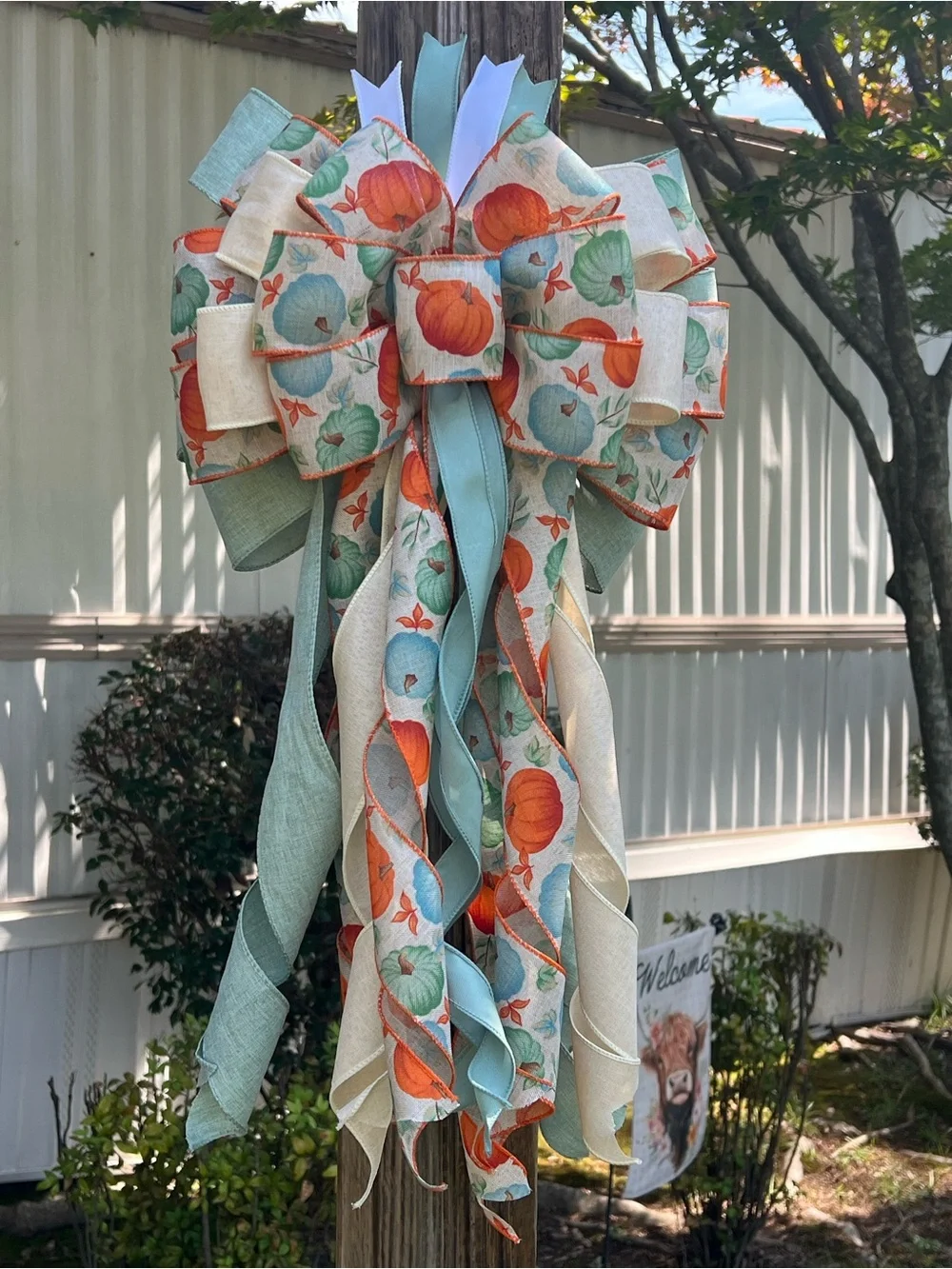 Decorative Fall Pumpkin Bow in Orange and Teal